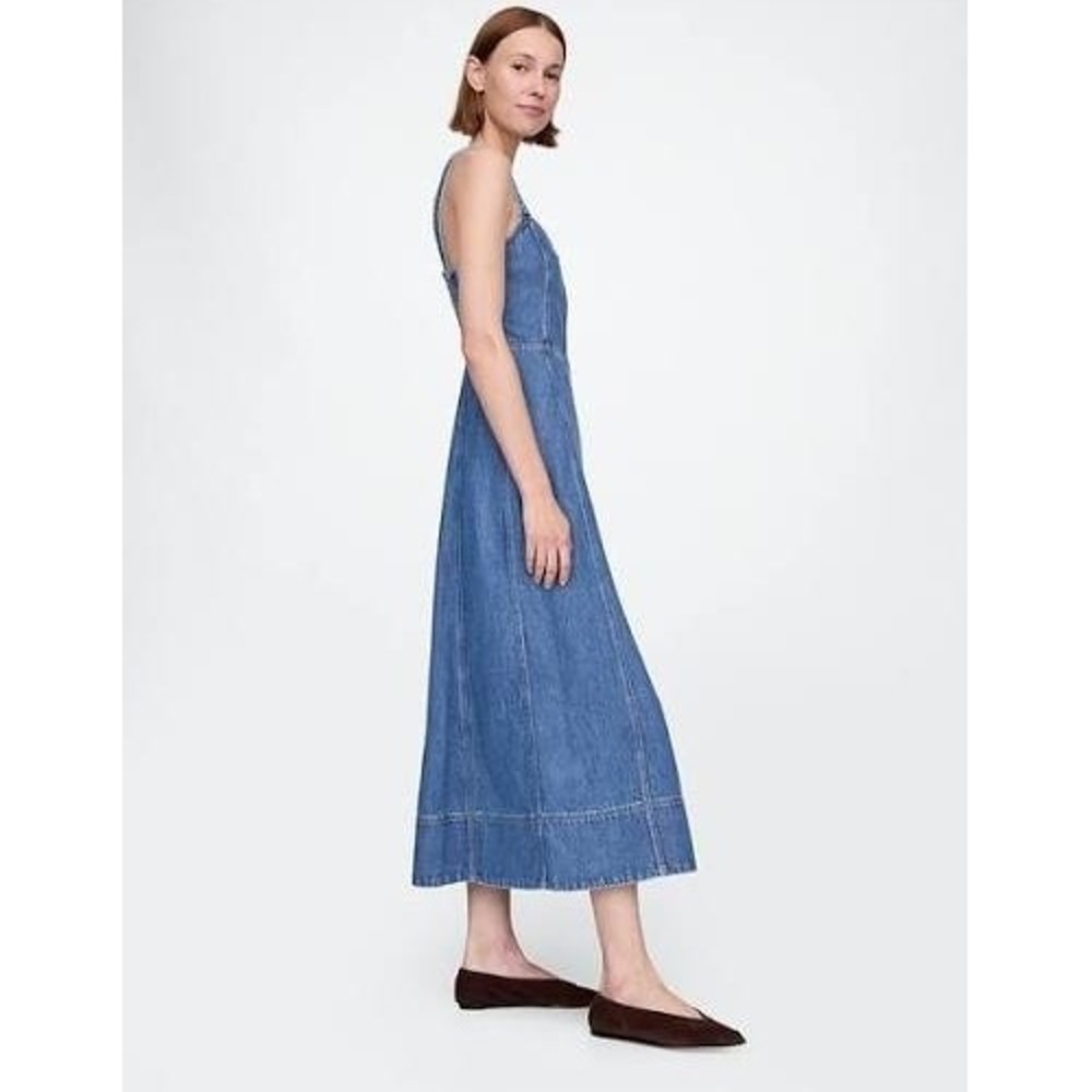 Gap UltraSoft Denim Maxi Dress Women Medium Blue Full Zip Sleeveless Cotton - Picture 16 of 16